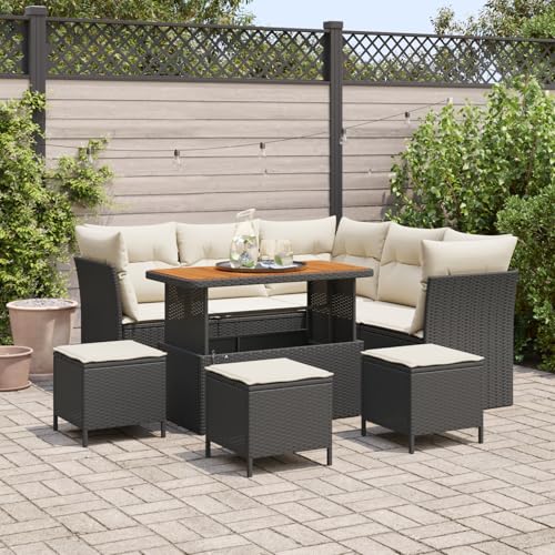 QZZCED 9-teiliges Garten Sofa Set mit Kissen schwarzes Poly Rattan Akazie Terrassensofa Set Outdoor Lounge Möbel für Rasenflächen von QZZCED