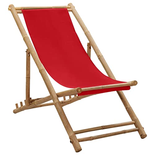 QZZCED Campingstuhl Outdoor Stühle Terrassenstühle Strandkörbe Liegestuhl Bambus und Segeltuch Rot für Terrassen, Gärten, Innenhöfe von QZZCED