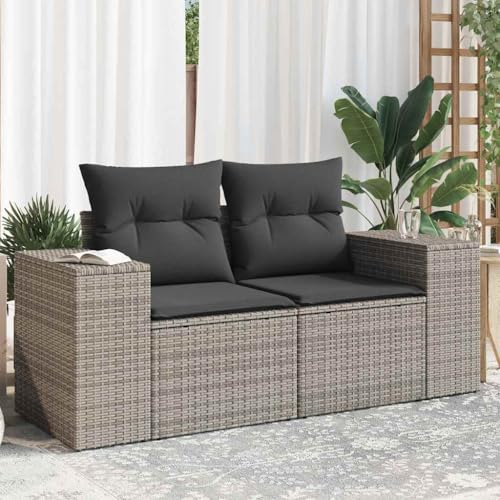 QZZCED Gartensofa 2-Sitzer mit Kissen Grau Poly Rattan Terrassenmöbel Set Balkon Sofa Set für Innenhöfe von QZZCED