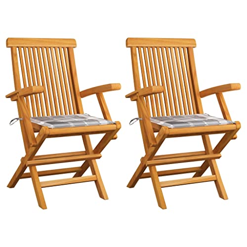 QZZCED Gartenstühle Graue Karomuster-Kissen 2 STK. Massivholz Teak Gartenbestuhlung Balkonstühle für Rasenflächen von QZZCED
