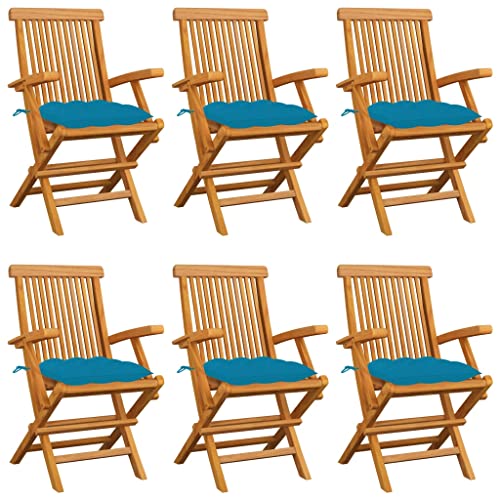 QZZCED Gartenstühle mit Hellblauen Kissen 6 STK. Massivholz Teak Terrassenstühle Freizeitstühle für Rasenflächen von QZZCED