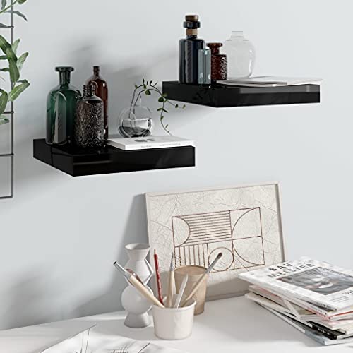 QZZCED Schweberegale 2 STK. Hochglanz-Schwarz Regal für Deko Bücherregal für Küche Bad 23x23,5x3,8 cm MDF von QZZCED