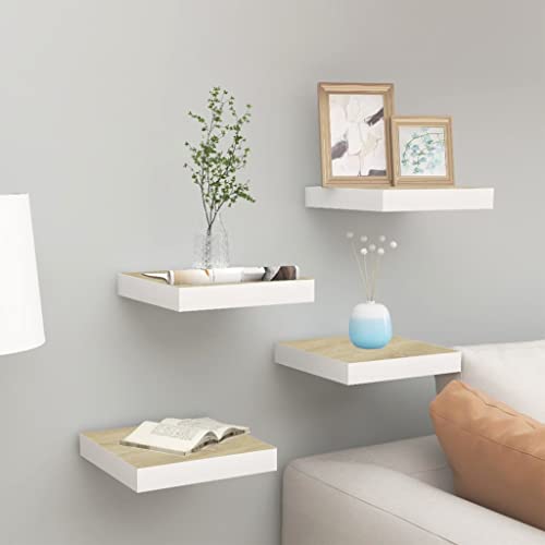 QZZCED Schweberegale 4 STK. Eichen-Optik und Weiß Wandboard Hängeregal für Büro Schlafzimmer 23x23,5x3,8 cm MDF von QZZCED