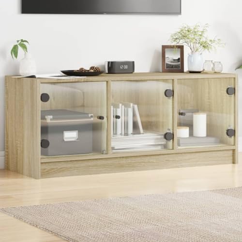 QZZCED TV-Schrank mit Glastüren Sonoma-Eiche TV Schrank TV Sideboard für Büro Arbeitszimmer 102x37x42 cm von QZZCED