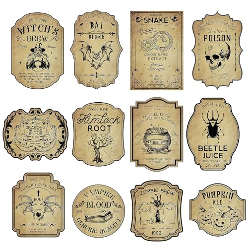Qaixwuyi 36 Stück Halloween Weinflaschen Etiketten Weinetikett 12 Stile Brauner Etikettenaufkleber Weinflaschen Champagner Etikettenaufkleber Halloween Aufkleber von Qaixwuyi