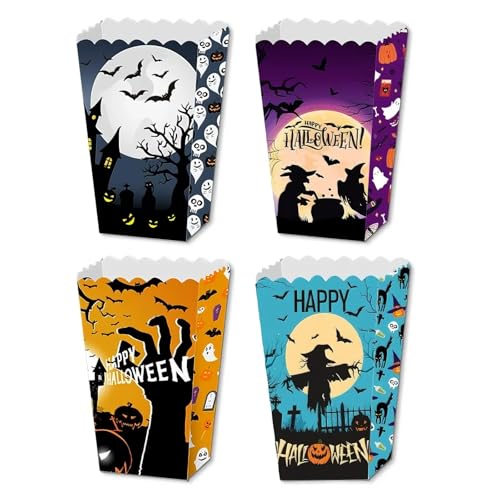 Qaixwuyi 8 Stück Halloween Popcorn Tüten Candy Container Party Candy Container Popcorn box Behandeln Kartons Partytüten für Salzstangen Candybar Süßigkeiten Kekse Schokolade Purpurrot Blau Orange Grau von Qaixwuyi