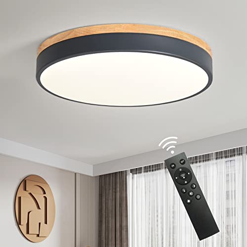 Qamra Moderne LED Deckenleuchte Holz,Runde Deckenlampe,3000K-6500K Deckenleuchten Dimmbar mit Fernbedienung,Wohnzimmerlampe,Schlafzimmerlampe, Lampe Deckenlampen,für Küche(Grau 40cm) von Qamra