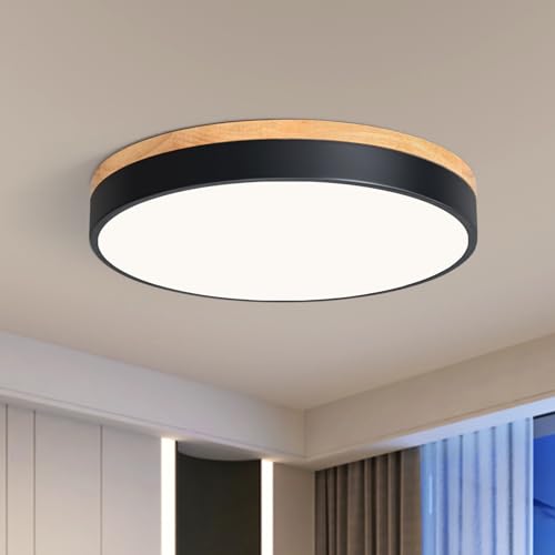 Qamra LED Deckenleuchte, Moderne Runde Holz Deckenlampe, 4000K Schlafzimmerlampe, für Balkon Büro Küche Waschküche Flur Deckenleuchten 40cm, 36W (Schwarz) von Qamra