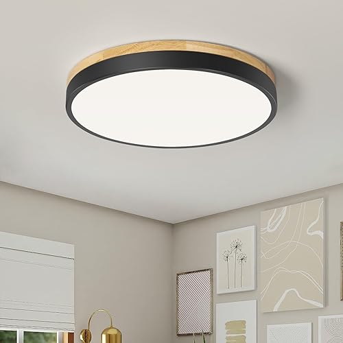 Qamra LED Deckenleuchte, Deckenlampe Schwarz 30cm, Holz Lampe für Wohnzimmer Schlafzimmer Küche Flur Esszimmer 24W 4000K von Qamra