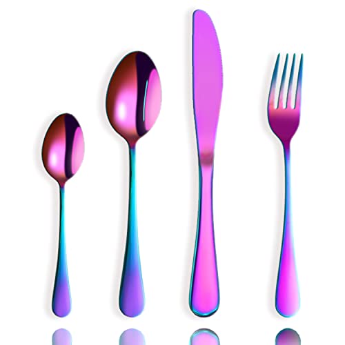 Qanmua Regenbogen Besteck Set 6 Personen, 24 teilig Edelstahl Besteckset, Cutlery Set Camping, Messer Gabel Löffel Set Hochwertiges Edelstahlbesteck für Home und Restaurant Spülmaschinenfest von Qanmua