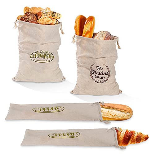 Qanye 4 Stücke Leinenbeutel, Brotbeutel Brot Aufbewahrungsbeutel, Beutel Stoff Leinen Wiederverwendbare, mit Kordelzug, Taschen für Brot, Baguettes, Selbstgebackenes Brot und Andere Lebensmittel von Qanye