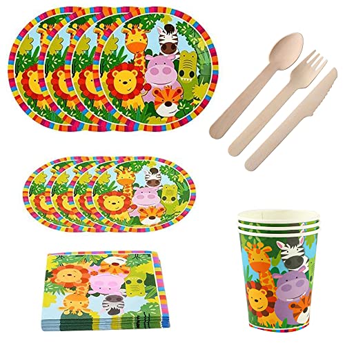 80 Stücke Tier Party, Party Geschirr, Papier Papierschalen, Partygeschirr Geschirr, mit Papierserviette, Pappteller, Pappbecher, Messer, Gabel und Löffel, für Partys (10 Gäste) von Qanye