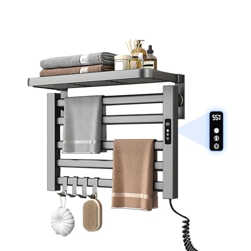 Handtuchheizkörper Elektrisch Klein mit Regal, 80W Handtuchtrockner Heizkörper, Bad Heizkörper Elektrischer, 30-70℃ einstellbare Temperatur, 55x40cm Handtuch Heizkörper, 1-24H Zeitmessung (Grau) von Qawner