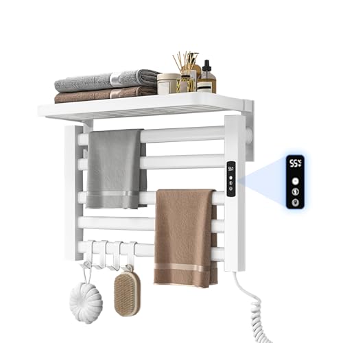 Handtuchheizkörper Elektrisch Klein mit Regal, 80W Handtuchtrockner Heizkörper, Bad Heizkörper Elektrischer, 30-70℃ einstellbare Temperatur, 55x40cm Handtuch Heizkörper, 1-24H Zeitmessung (Weiß) von Qawner