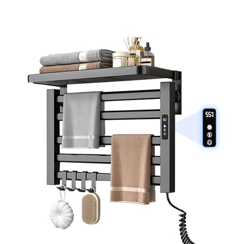 Handtuchheizkörper Elektrisch Klein mit Regal, 80W Handtuchtrockner Heizkörper, Bad Heizkörper Elektrischer, 30-70℃ einstellbare Temperatur, 55x40cm Handtuch Heizkörper, 1-24H Zeitmessung (Schwarz) von Qawner