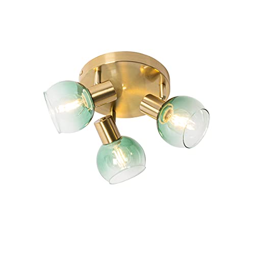 Qazqa - Art Deco Art Deco Deckenlampe Gold I Messing mit grünem Glas 3-flammig Spotbalken Lichter - Vidro I Wohnzimmer I Schlafzimmer - Stahl Rund - LED geeignet E14 von Qazqa