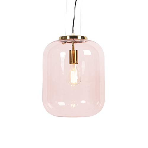 Qazqa - Art Deco Art Deco Hängelampe I Pendellampe I Pendelleuchte Messing mit rosa Glas - Glückseligkeit I Wohnzimmer I Schlafzimmer - Rund - LED geeignet E27 von Qazqa