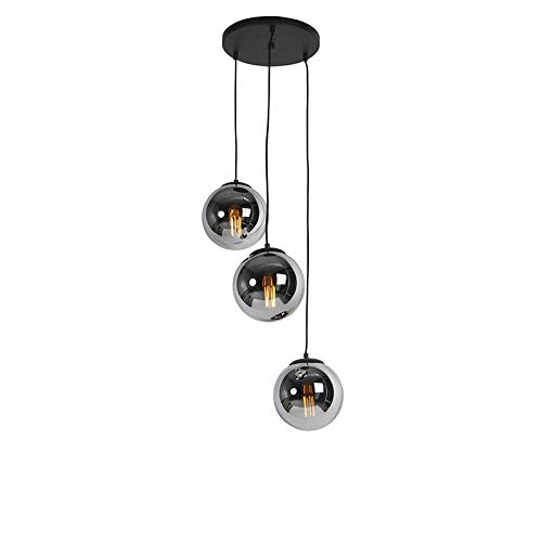 Qazqa - Art Deco Art Deco Hängelampe I Pendellampe I Pendelleuchte schwarz mit Rauchglas 3-flammig-Licht - Pallon I Wohnzimmer I Schlafzimmer - Kugel I Kugelförmig I Länglich - LED geeignet E27 von Qazqa