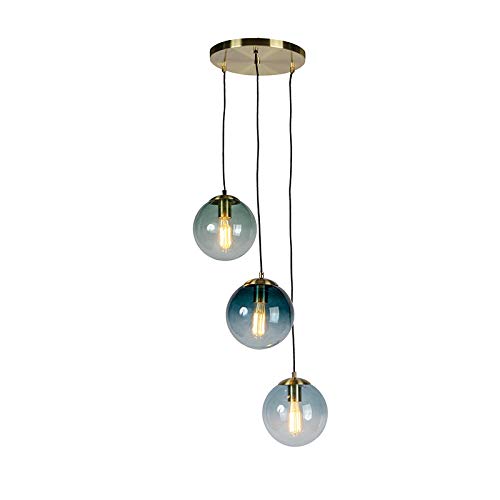 Qazqa - Art Deco Art Deco Hängelampe I Pendellampe I Pendelleuchte Messing mit blauem Glas - PallonI 3-flammig I Wohnzimmer I Schlafzimmer - Kugel I Kugelförmig I Länglich - LED geeignet E27 von Qazqa