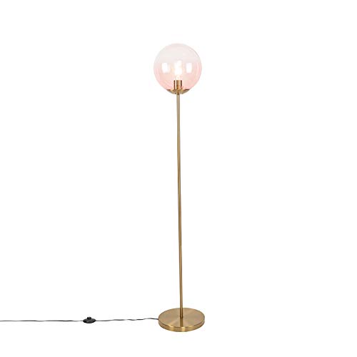 Qazqa - Art Deco Art Deco Stehlampe Messing mit rosa Glas - Pallon Mezzi I Wohnzimmer I Schlafzimmer - Länglich - LED geeignet E27 von Qazqa