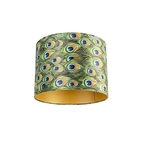 QAZQA Baumwolle Velours-Lampenschirm im Pfauendesign 40I40I30 mit Gold I Messingener Innenseite, von Qazqa