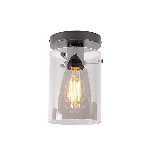 Qazqa - Design Deckenleuchte I Deckenlampe I Lampe I Leuchte schwarz mit Rauchglas - Kuppel I Wohnzimmer I Schlafzimmer - Zylinder - LED geeignet E27 von Qazqa