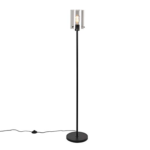 Qazqa - Design Stehleuchte I Stehlampe I Standleuchte I Lampe I Leuchte schwarz mit Rauchglas - Kuppel I Wohnzimmer I Schlafzimmer - Stahl Länglich - LED geeignet E27 von Qazqa