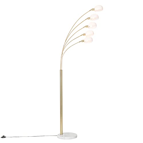 Qazqa - Design Stehleuchte I Stehlampe I Standleuchte I Lampe I Leuchte Messing mit Opalglas 5-flammig - Sixties Marmo I Wohnzimmer I Schlafzimmer - Stahl Länglich - LED geeignet E14 von Qazqa