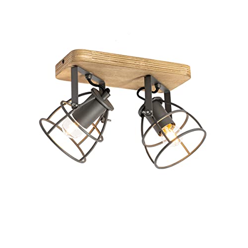 QAZQA - Industrie I Vintage I IndustrieSpot I Spotlight I Deckenspot I Deckenstrahler I Strahler I Lampe I Leuchte dunkelgrau mit Holz verstellbar 2-flammig-flammig – Arthur I Wohnzimmer I Schlafzimme von Qazqa