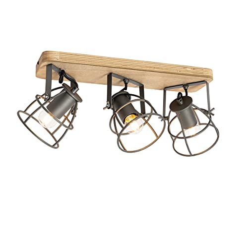 Qazqa - Industrie I Vintage I IndustrieSpot I Spotlight I Deckenspot I Deckenstrahler I Strahler I Lampe I Leuchte dunkelgrau und Holz verstellbar 3-flammig Spotbalken-flammig – Arthur I Wohnzimmer I von Qazqa