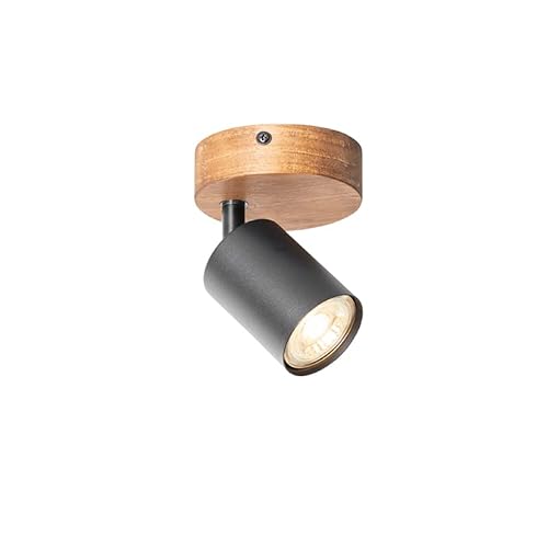 Qazqa - Industrie I Vintage I Industriespot schwarz mit Holz neigbar - Jeana I Wohnzimmer I Schlafzimmer - Stahl Rund - LED geeignet GU10 von Qazqa