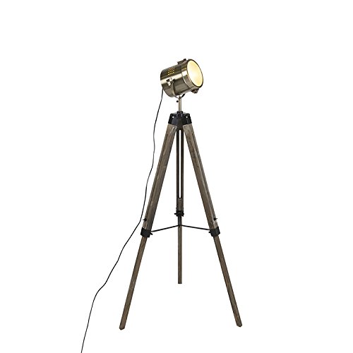 Qazqa - Industrie I Vintage I Industrie I Vintage I Stehlampe aus Holz mit Stativ und Studiostrahler – Braha I Wohnzimmer I Schlafzimmer - Länglich - LED geeignet E14 von Qazqa