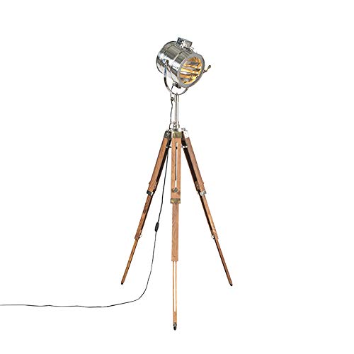 QAZQA - Industrie I Vintage I Stativ Stehleuchte I Stehlampe I Standleuchte I Lampe I Leuchte Holz mit Studio Spot - Tripod I Dreifuß Lampe I Dreifuss Radiant I Wohnzimmer I Schlafzimmer - Aluminium R von Qazqa