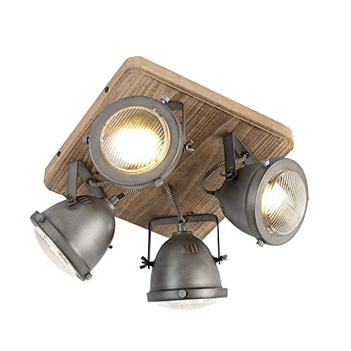 Qazqa - Industrie I Vintage I IndustrieSpot I Spotlight I Deckenspot I Deckenstrahler I Strahler I Lampe I Leuchte stahl I nickel matt mit Holz kippbar 4-flammig Spotbalken-Licht - Emado I Wohnzimmer von Qazqa