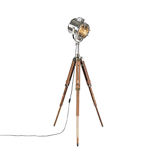 QAZQA - Industrie I Vintage I Stehleuchte I Stehlampe I Standleuchte I Lampe I Leuchte mit Holzstativ und Studiospot - Tripod I Dreifuß Lampe I Dreifuss Shiny I Wohnzimmer I Schlafzimmer - Aluminium R von Qazqa