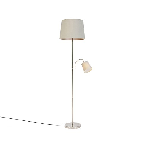 QAZQA - Klassisch I Antik Klassische Stehleuchte I Stehlampe I Standleuchte I Lampe I Leuchte Stahl I Silber I nickel matt mit grauem Lampenschirm und Leselicht - Retro I Wohnzimmer I Schlafzimmer - S von Qazqa