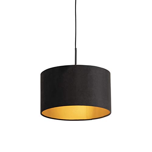 QAZQA - Klassisch I Antik Pendelleuchte I Esstisch I Esszimmer I Pendellampe I Hängelampe I Pendellampe I Pendelleuchte I Lampe I Leuchte mit Veloursschirm schwarzIGold I Messing 35 cm - Combi I Wohnz von Qazqa