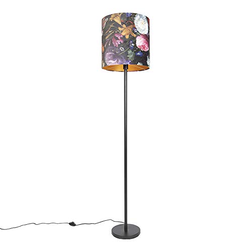 QAZQA - Klassisch I Antik Romantische Stehleuchte I Stehlampe I Standleuchte I Lampe I Leuchte schwarz mit Blumenschirm 40 cm - Simplo I Wohnzimmer I Schlafzimmer - Textil Zylinder I Länglich - LED ge von Qazqa