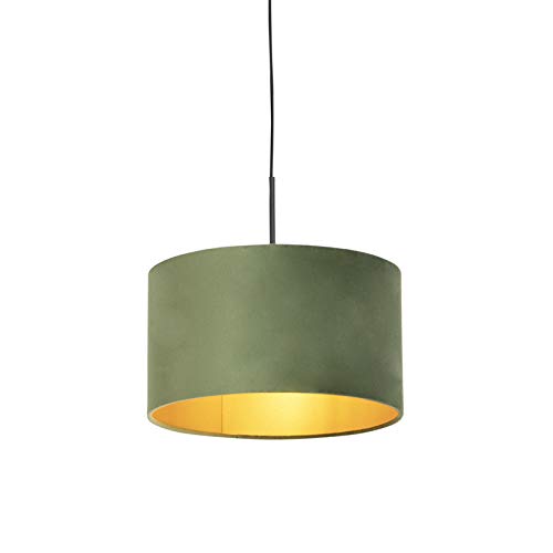 QAZQA - Landhaus I Vintage I Rustikal Hängelampe I Pendellampe I Pendelleuchte mit Veloursschirm grün mit Gold I Messing 35 cm - Combi I Wohnzimmer I Schlafzimmer - Textil Zylinder I Länglich I Rund - QAZQA - Landhaus I Vintage I Rustikal Hängelampe I Pendellampe I Pendelleuchte mit Veloursschirm grün mit Gold I Messing 35 cm - Combi I Wohnzimmer I Schlafzimmer - Textil Zylinder I Länglich I Rund - von Qazqa