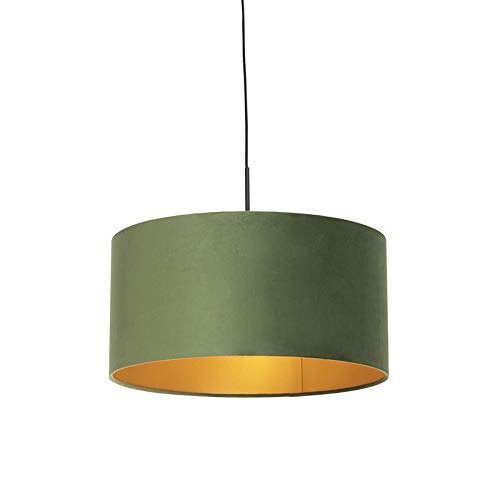 QAZQA - Landhaus I Vintage I Rustikal Hängelampe I Pendellampe I Pendelleuchte mit Veloursschirm grün mit Gold I Messing 50 cm - Combi I Wohnzimmer I Schlafzimmer - Textil Zylinder I Länglich I Rund - von Qazqa
