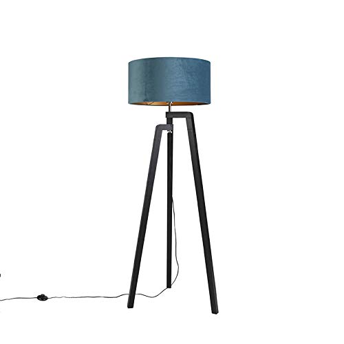 QAZQA - Landhaus I Vintage I Rustikal Stehlampe Stativ schwarz mit blauem Schirm und Gold I Messing 50 cm - Puros I Wohnzimmer I Schlafzimmer - Holz Zylinder I Länglich I Rechteckig - LED geeignet E27 von Qazqa