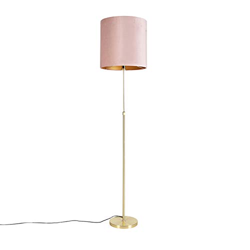 QAZQA - Landhaus I Vintage I Rustikal Stehleuchte I Stehlampe I Standleuchte I Lampe I Leuchte Gold I Messing I messing mit Veloursschirm pink 40I40 cm - Parte I Wohnzimmer I Schlafzimmer - Stahl Zyli von Qazqa