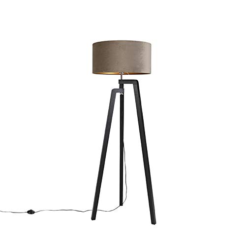 QAZQA - Landhaus I Vintage I Rustikal Stehleuchte I Stehlampe I Standleuchte I Lampe I Leuchte Stativ schwarz mit taupe Schirm und Gold I Messing 50 cm - Puros I Wohnzimmer I Schlafzimmer - Holz Zylin von Qazqa