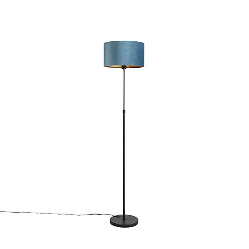 QAZQA - Landhaus I Vintage I Rustikal Stehleuchte I Stehlampe I Standleuchte I Lampe I Leuchte schwarz mit Veloursschirm blau mit Gold I Messing 35 cm - Parte I Wohnzimmer I Schlafzimmer - Stahl Zylin von Qazqa