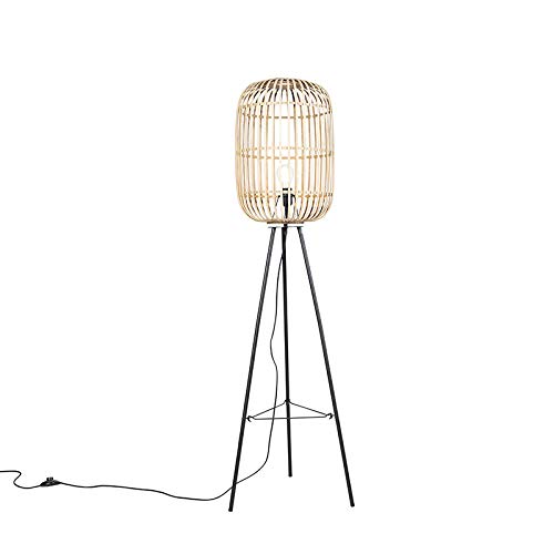 Qazqa - Landhaus I Vintage I Rustikal Ländliche Stehlampe Rattan - Manila I Wohnzimmer I Schlafzimmer - Länglich I Rund - LED geeignet E27 von Qazqa