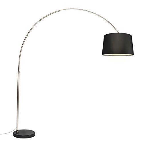 Qazqa - Modern Bogenleuchte I Bogenlampe I Lampe I Leuchte Stahl I Silber I nickel matt Stoffschirm schwarz 45 cm - XXL I Wohnzimmer - Stahl Länglich - LED geeignet E27 von Qazqa