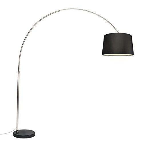 Qazqa - Modern Bogenlampe Stahl I Silber I nickel matt Stoffschirm schwarz 45 cm - XXL I Wohnzimmer - Stahl Länglich - LED geeignet E27 von Qazqa