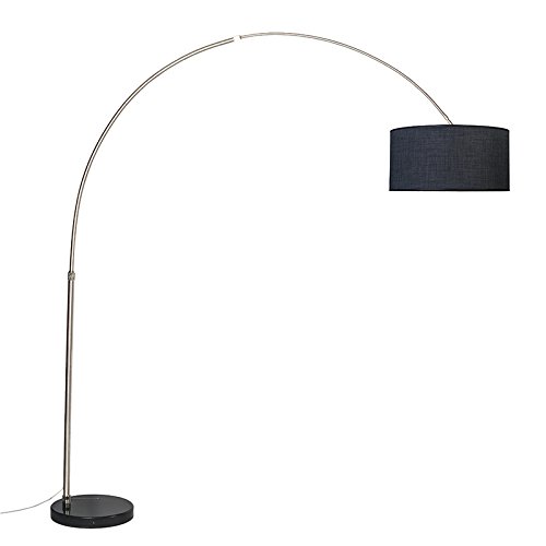 Qazqa - Modern Bogenleuchte I Bogenlampe I Lampe I Leuchte stahl I nickel matt Stoffschirm schwarz 50 cm - XXL I Wohnzimmer - Stahl Länglich - LED geeignet E27 von Qazqa