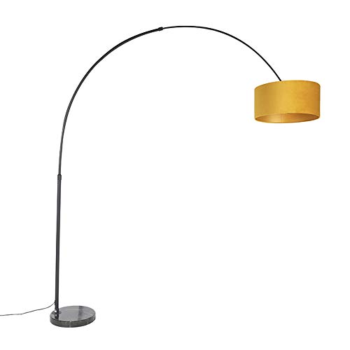 QAZQA - Modern Bogenleuchte I Bogenlampe I Lampe I Leuchte schwarz mit Samt-Schirm senfgelb mit Gold I Messing 50 cm - XXL I Wohnzimmer I Schlafzimmer - Stahl Länglich I Zylinder I Rund - LED geeignet von Qazqa