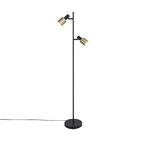 Qazqa - Modern Design-Stehlampe schwarz mit Gold I Messingenen 2-Lichtern - Stijn I Wohnzimmer I Schlafzimmer - Stahl Länglich - LED geeignet E27 von Qazqa